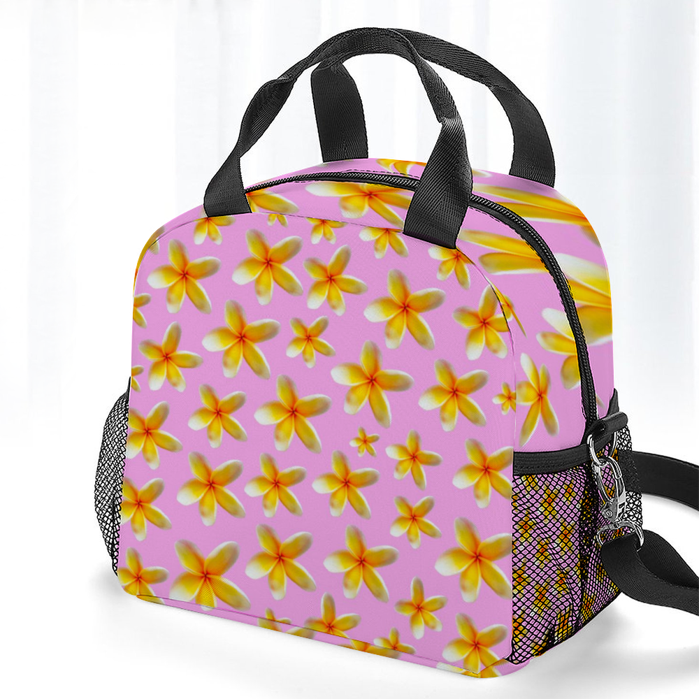 Yellow Frangipanis Pink Insulated Lunch Bag with Handles & Shoulder Strap 5