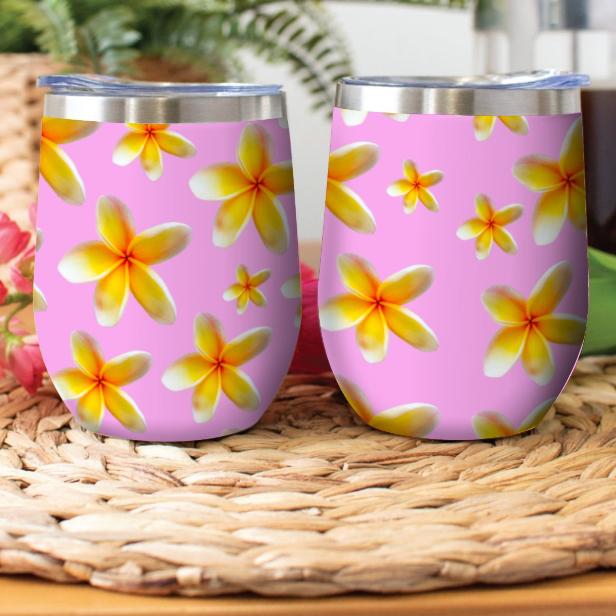 Yellow Frangipanis Pink Stainless Steel Cup with Lid 1