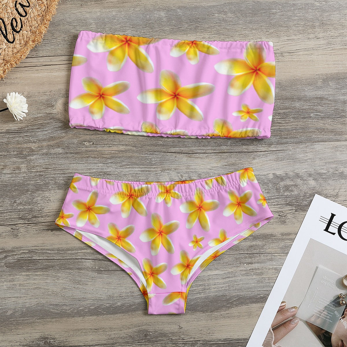 Yellow Frangipanis Pink Strapless Bikini Swimsuit up to 3 XL (FWS) 2