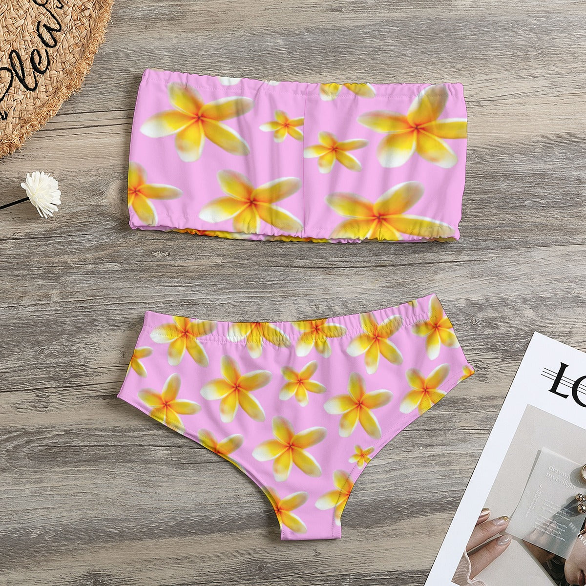 Yellow Frangipanis Pink Strapless Bikini Swimsuit up to 3 XL (FWS) 3