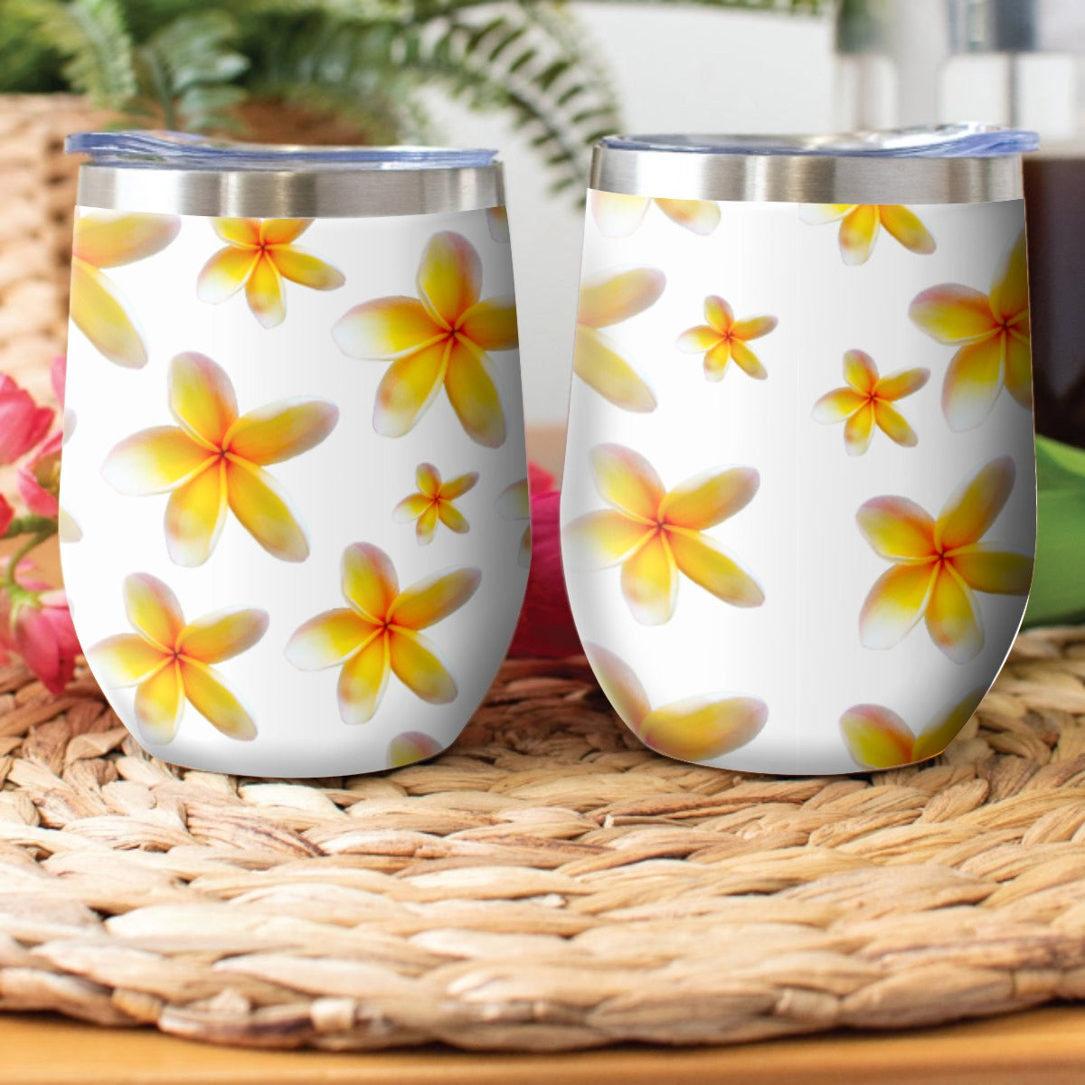 Yellow Frangipanis White Stainless Steel Cup with Lid 1