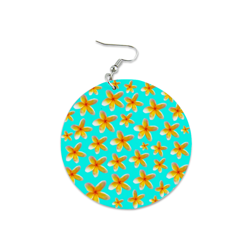 Yellow Frangipanis Aqua Round Wooden Earrings (FWS)