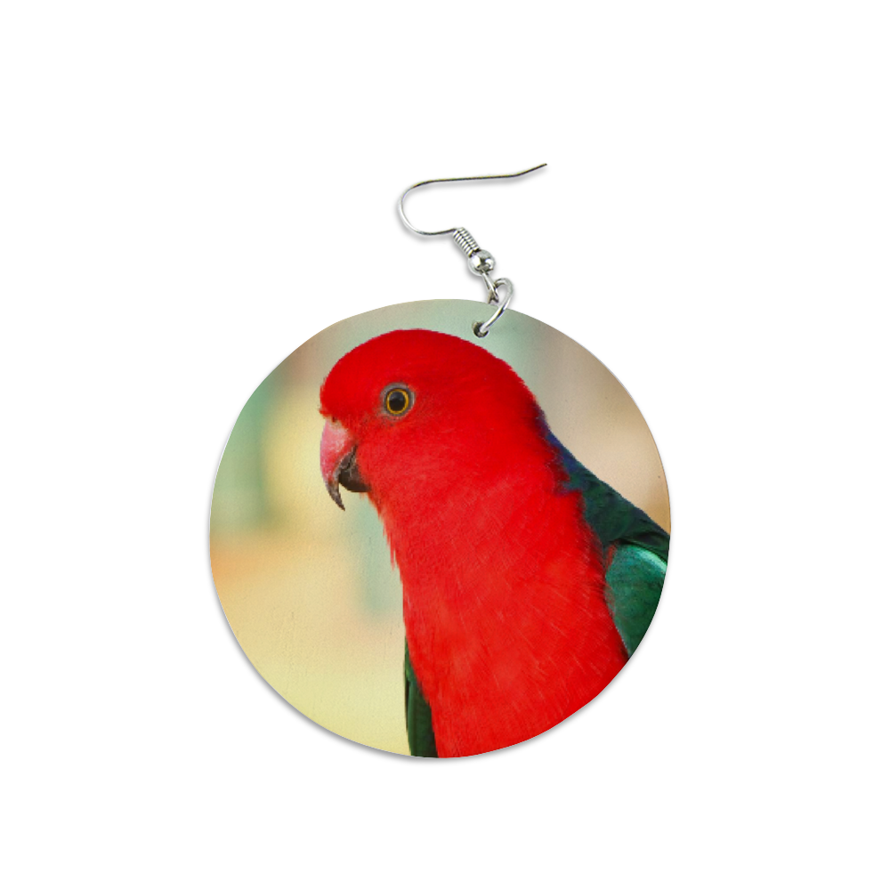 Red King Parrot Round Wooden Earrings (FWS)