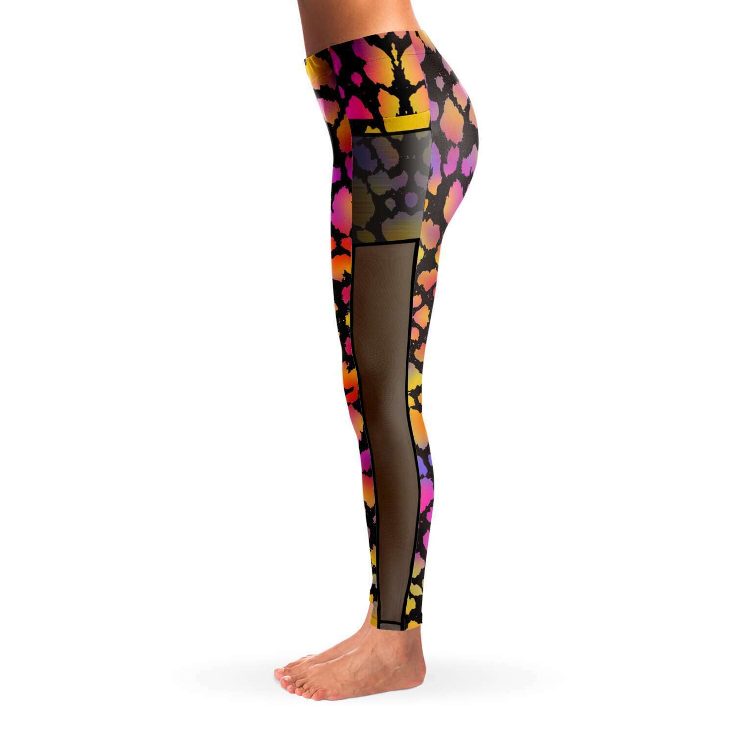 Black Pinky Leopard Mesh Panel Side Pockets Leggings (FWS)