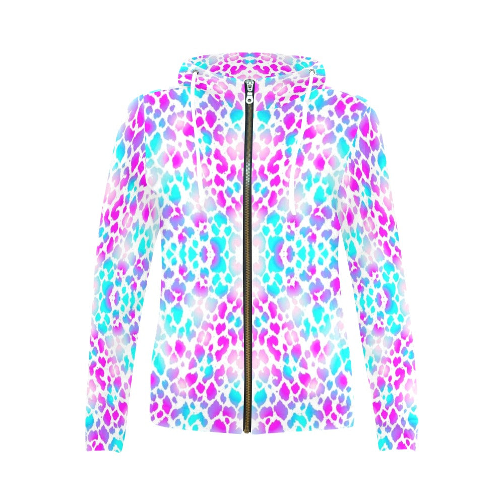 Pink Purple Aqua Spots Full Zip Hoodie up to 2 XL