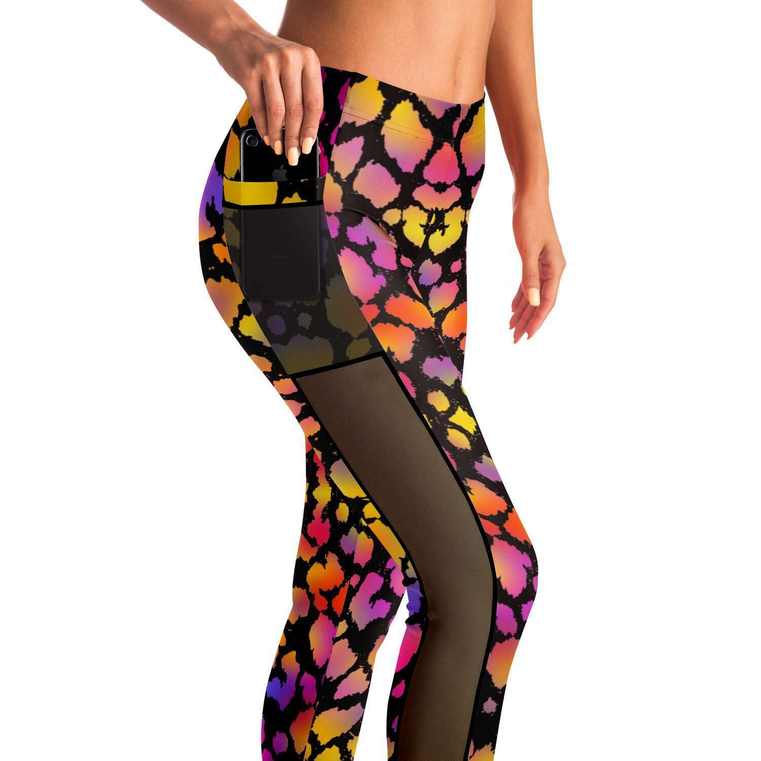 Black Pinky Leopard Mesh Panel Side Pockets Leggings (FWS)