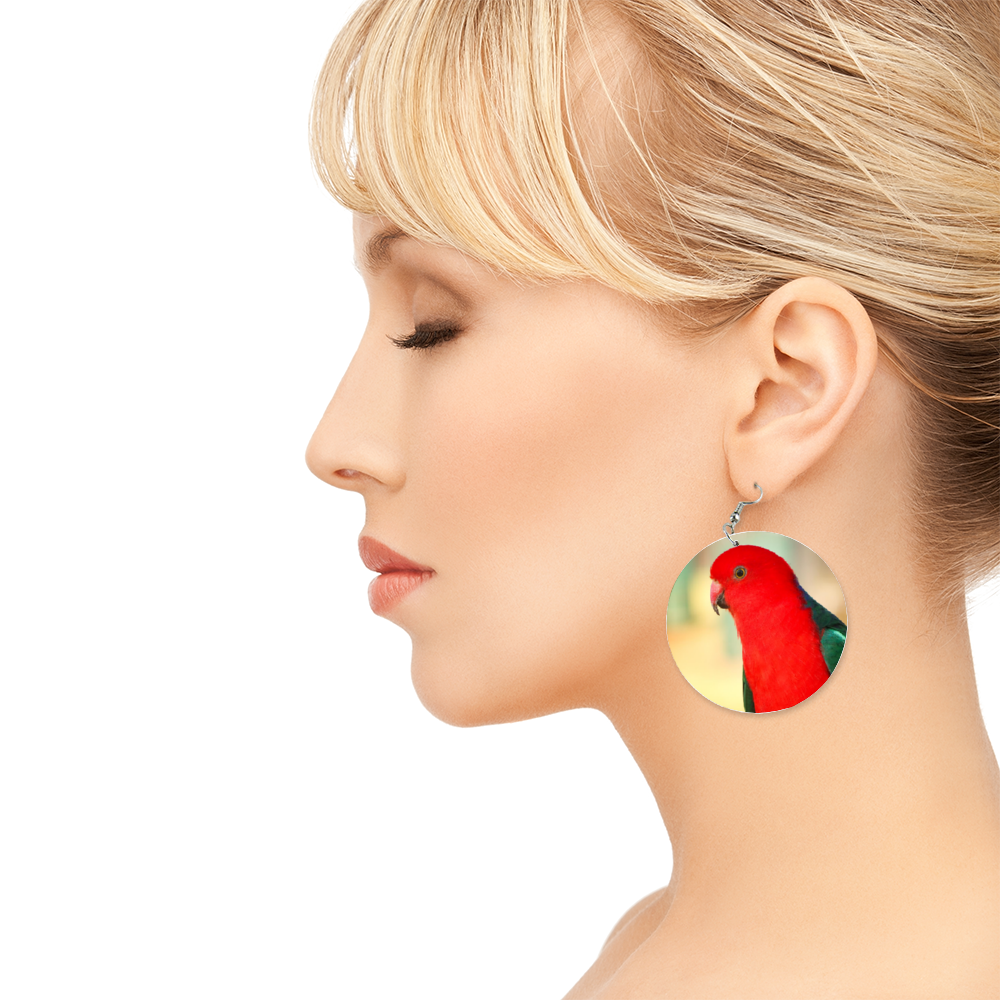 Red King Parrot Round Wooden Earrings (FWS)