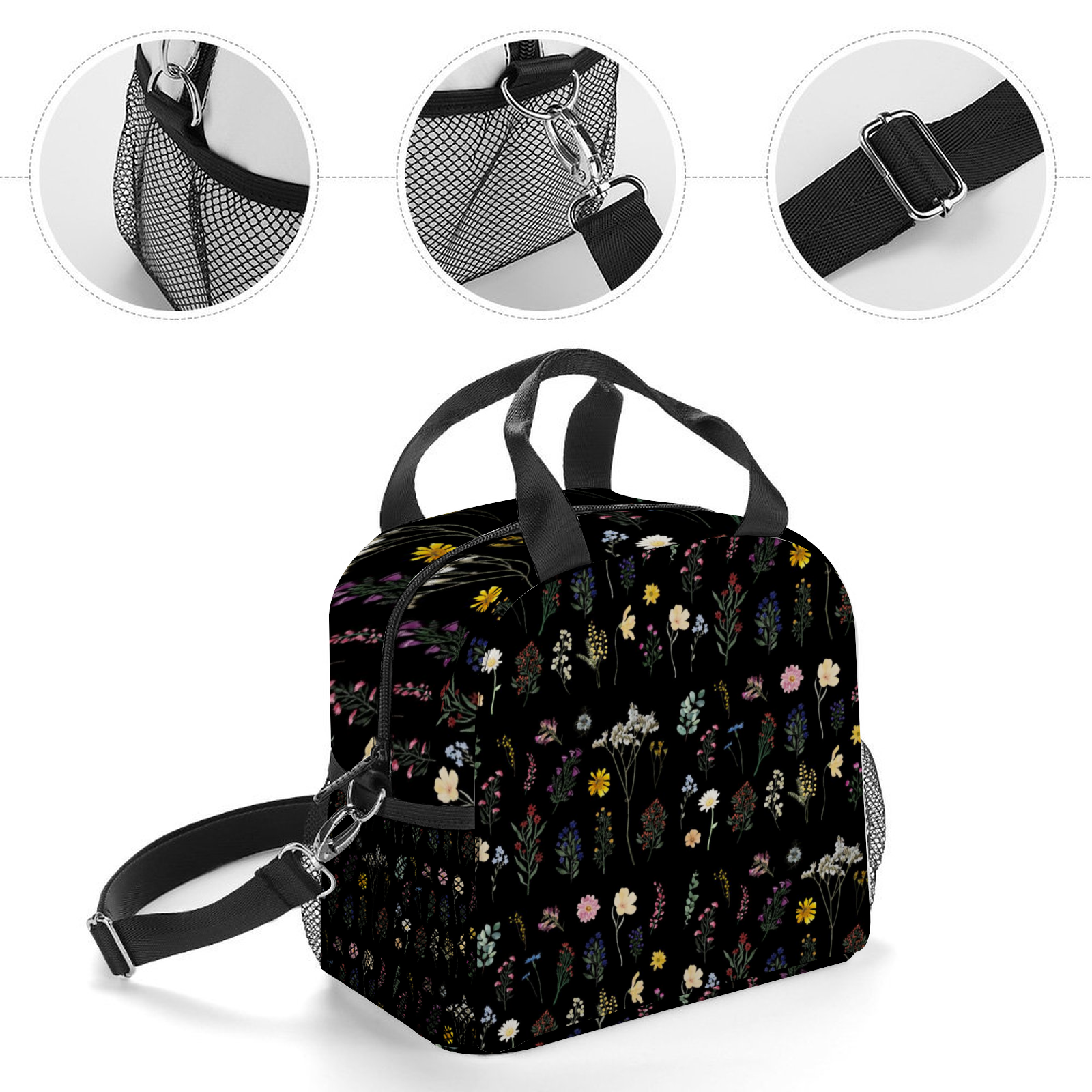 Wildflowers Black Insulated Lunch Bag with Handles & Shoulder Strap