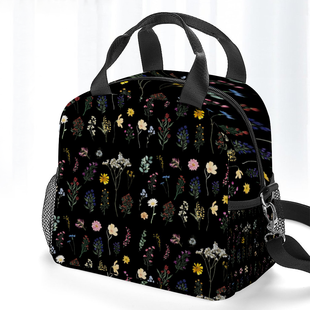 Wildflowers Black Insulated Lunch Bag with Handles & Shoulder Strap