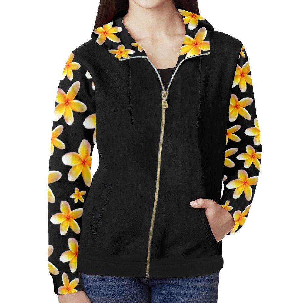 Yellow Frangipanis Black Full Zip Hoodie up to 2 XL