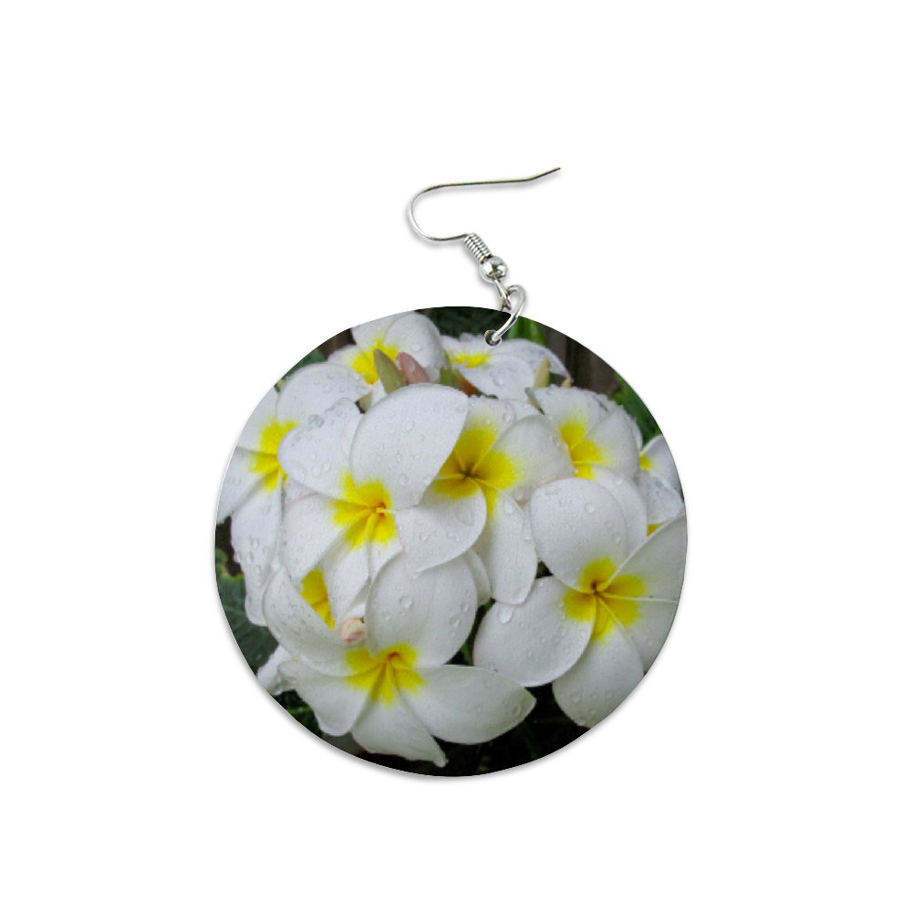 Fresh White Frangipanis Round Wooden Earrings (FWS)