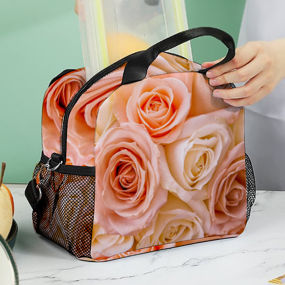 Pinky Roses Insulated Lunch Bag with Handles & Shoulder Strap