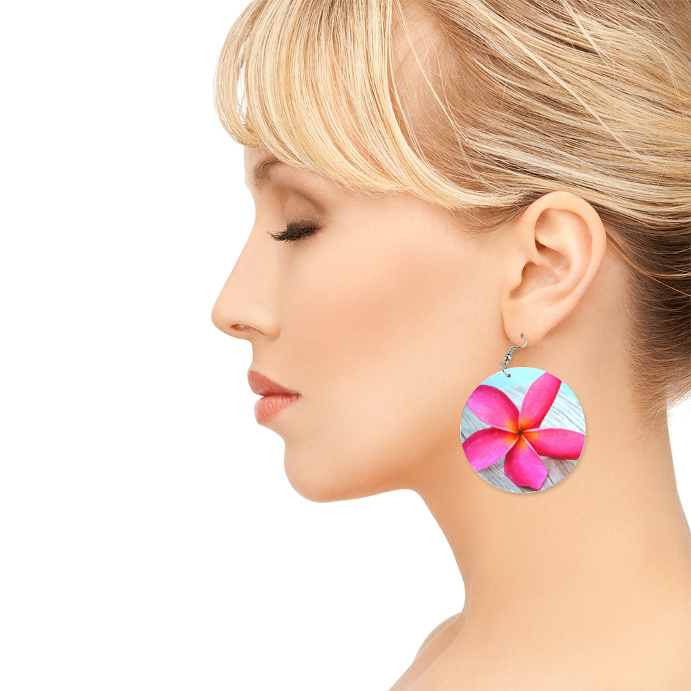 Pink Frangipani Round Wooden Earrings (FWS)