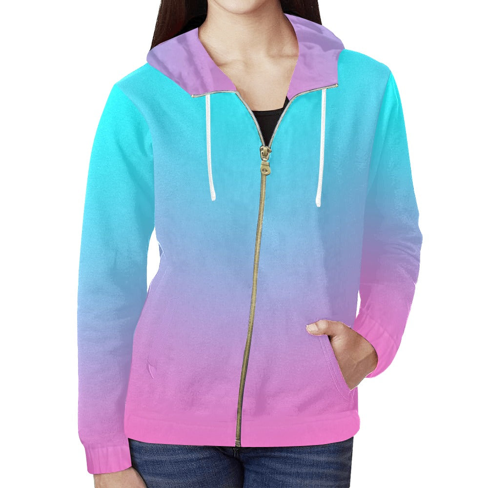 Ombre Aqua Pink Full Zip Hoodie up to 2 XL