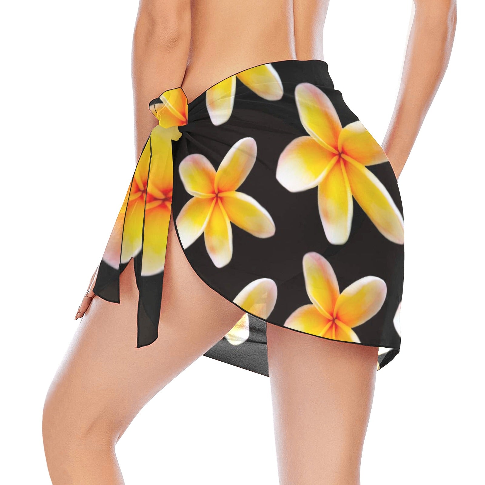 Yellow Frangipanis Black Short Chiffon Sarong Wrap (FWS)