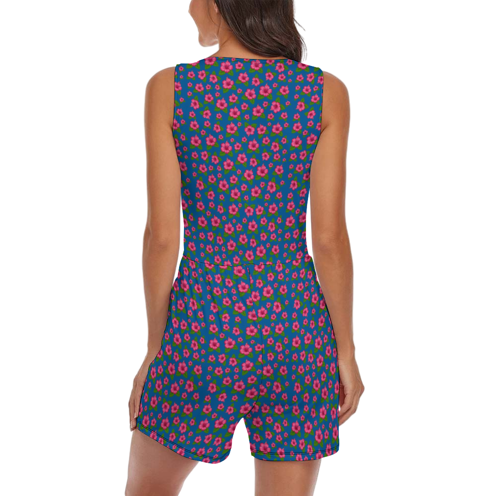 Graphic Pink Hibiscus Blue Sleeveless Short Jumpsuit with Pockets up to 2 XL (FWS)