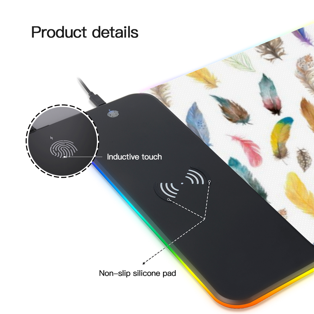 Colourful Feathers Wireless Charging Luminous Mousepad in two sizes (Shipping Worldwide)