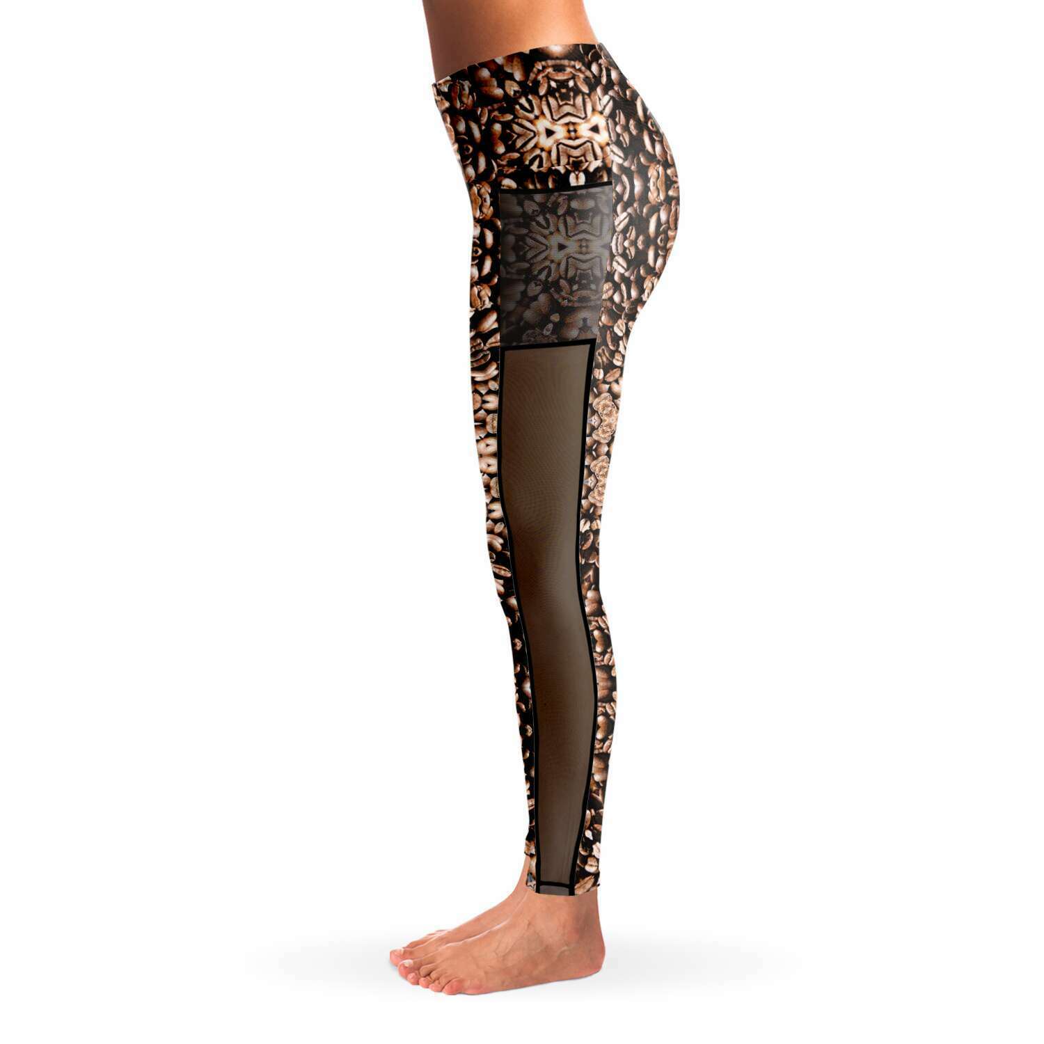 Coffee Beans K Mesh Panel Side Pockets Leggings (FWS)