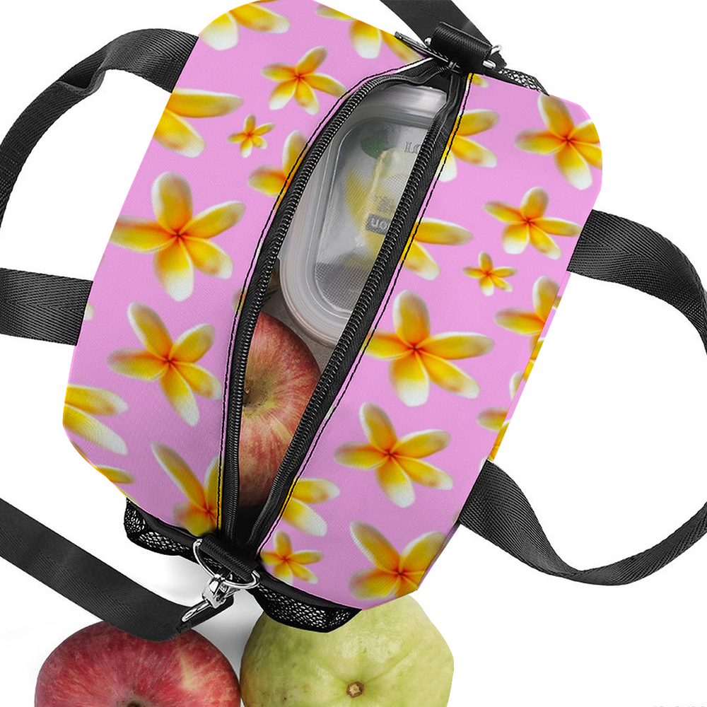 Yellow Frangipanis Pink Insulated Lunch Bag with Handles & Shoulder Strap