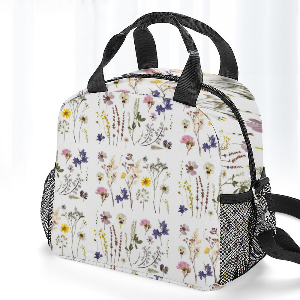 Wildflowers White Insulated Lunch Bag with Handles & Shoulder Strap