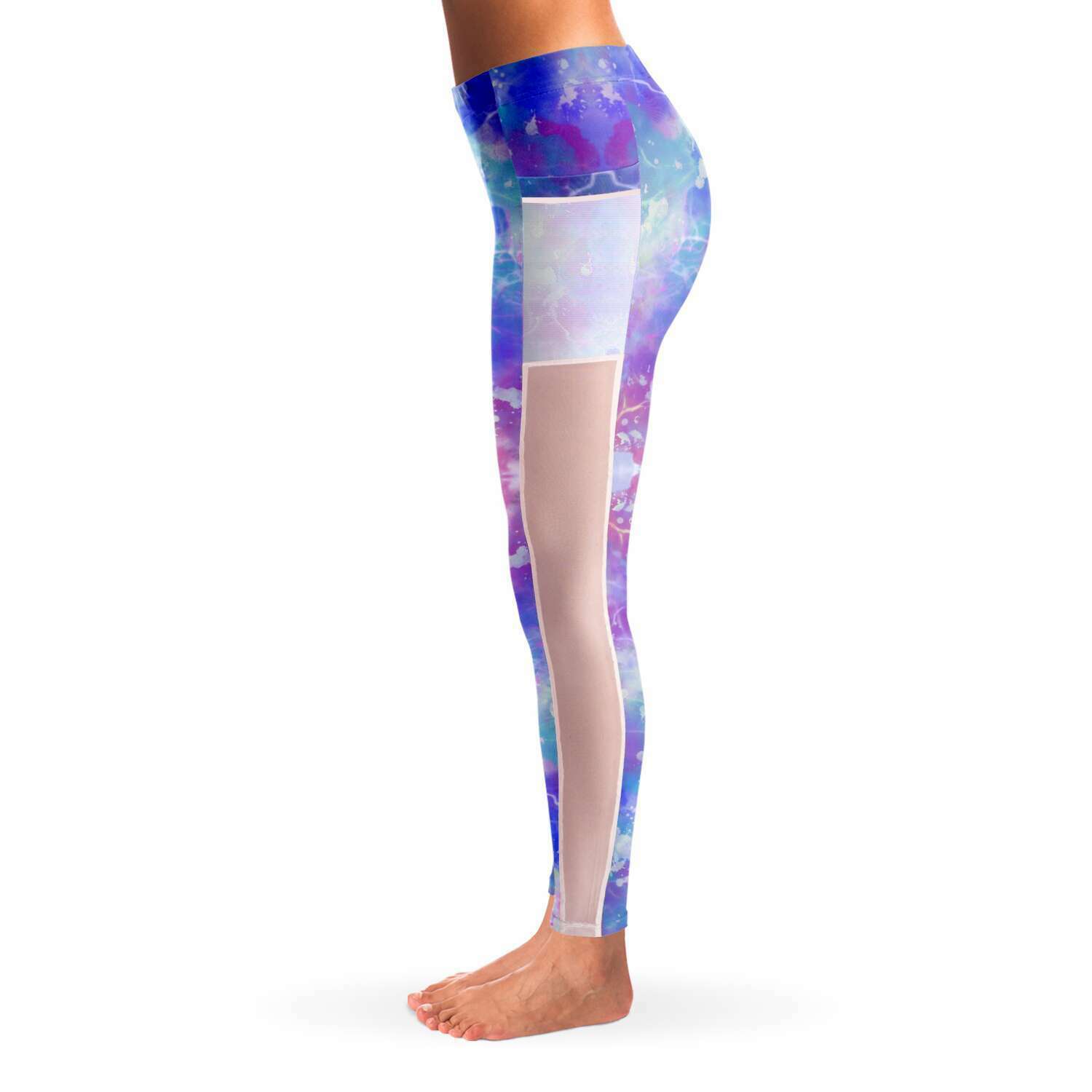 Blue Pink Aqua Mesh Panel Side Pockets Leggings (FWS)