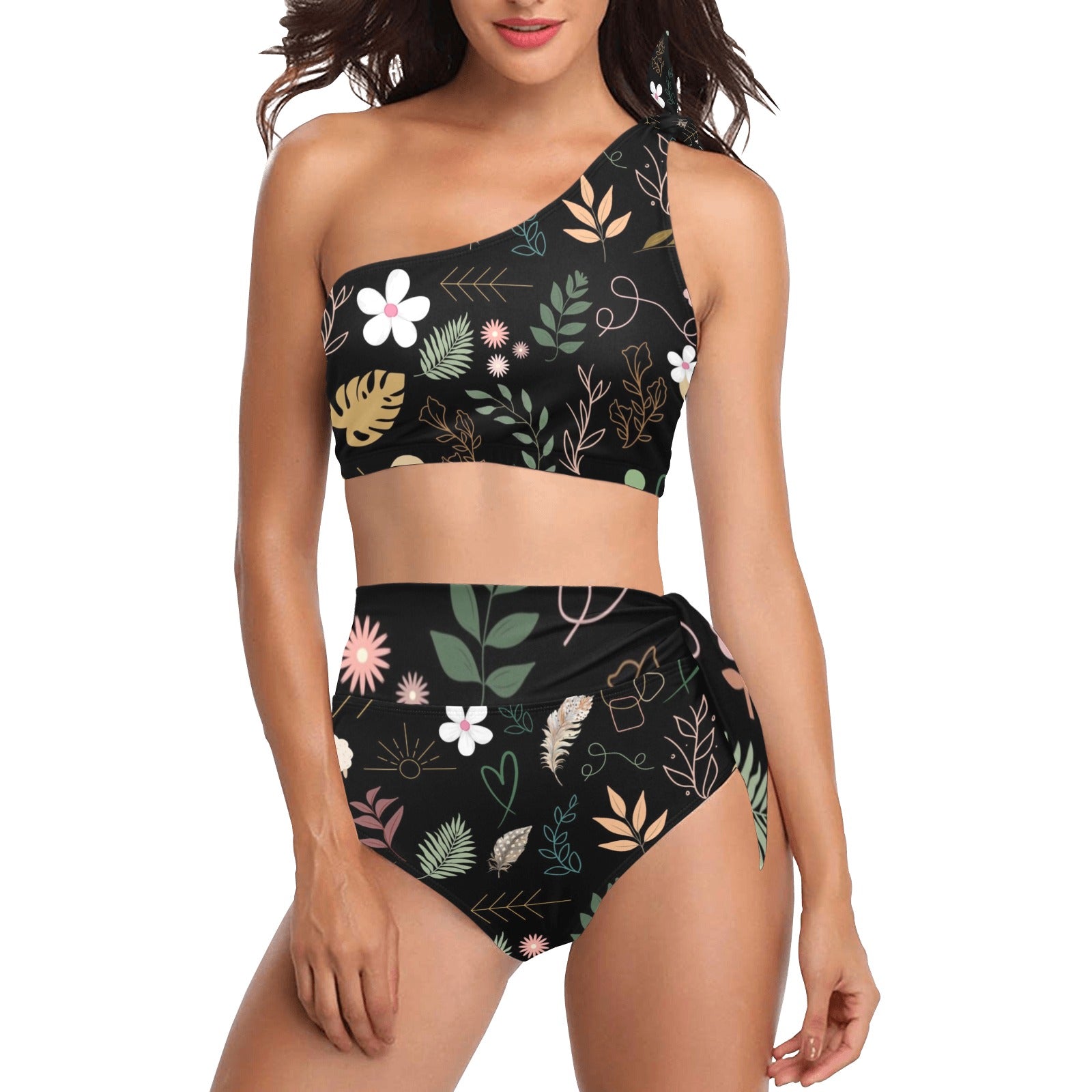 Boho Black High Waisted One Shoulder Bikini Set (FWS)