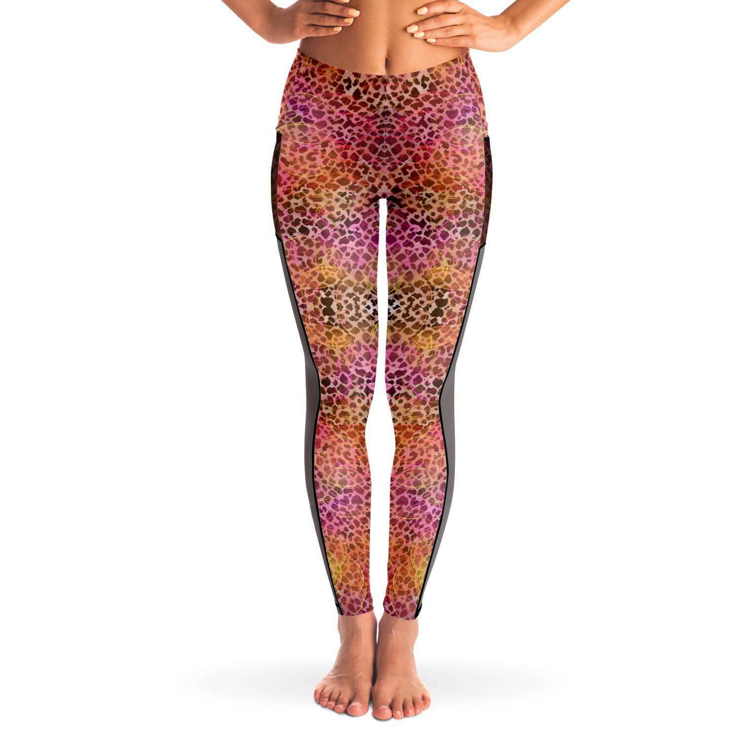 Leopard Circles Mesh Panel Side Pockets Leggings (FWS)