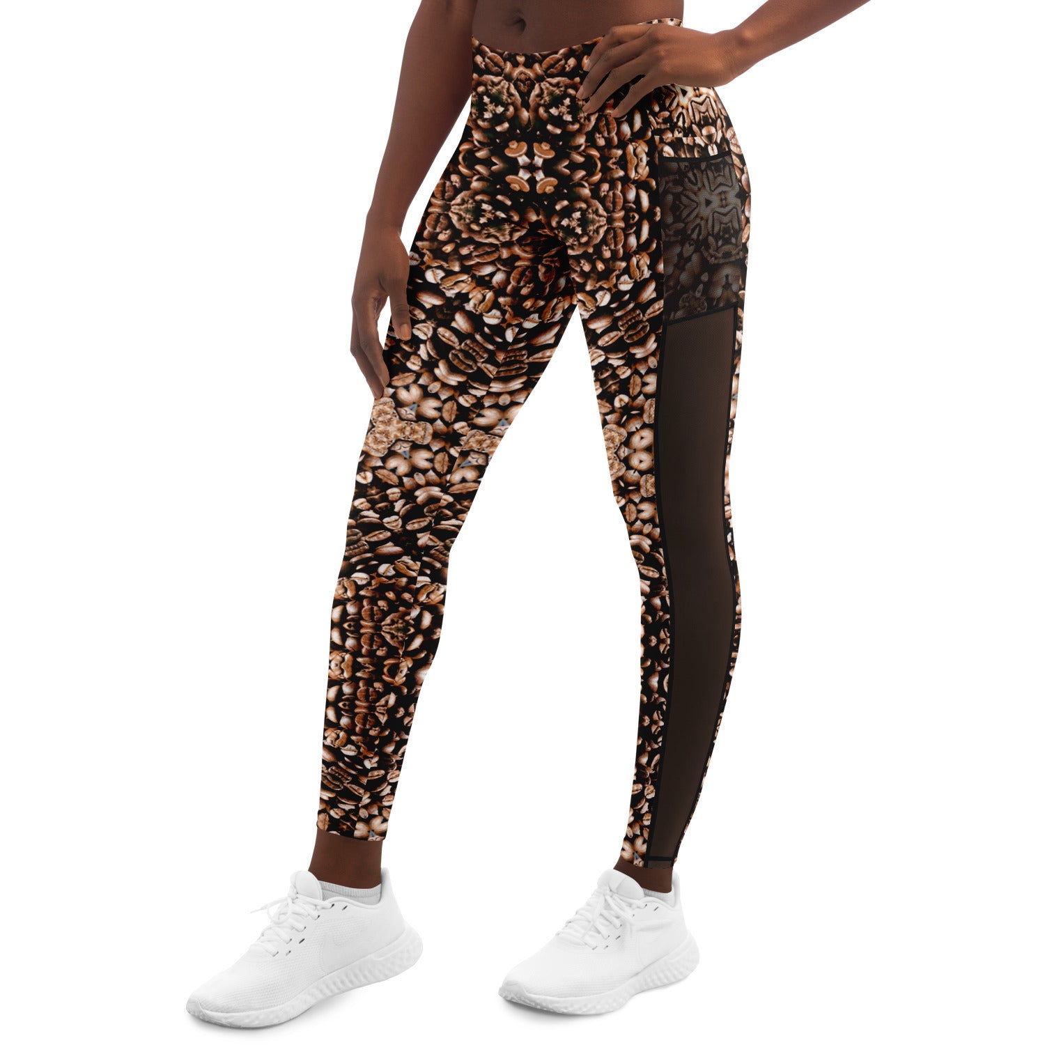 Coffee Beans K Mesh Panel Side Pockets Leggings (FWS)