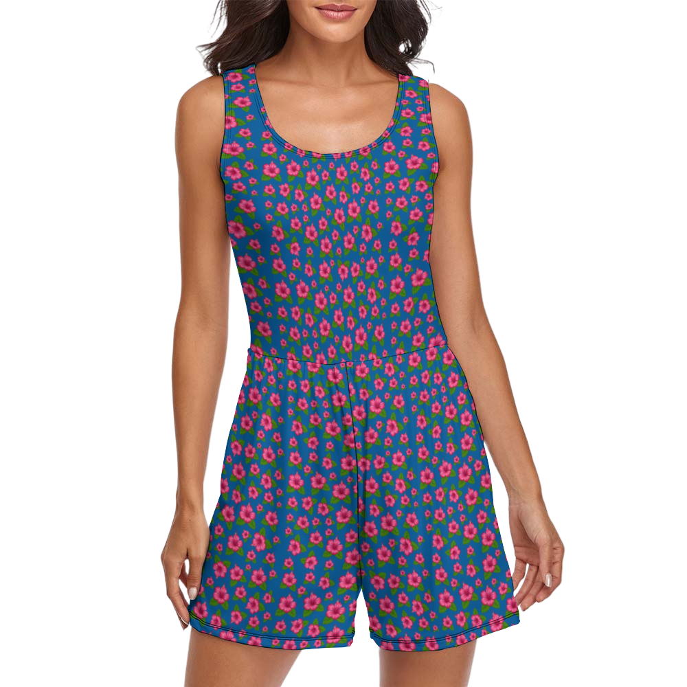 Graphic Pink Hibiscus Blue Sleeveless Short Jumpsuit with Pockets up to 2 XL (FWS)