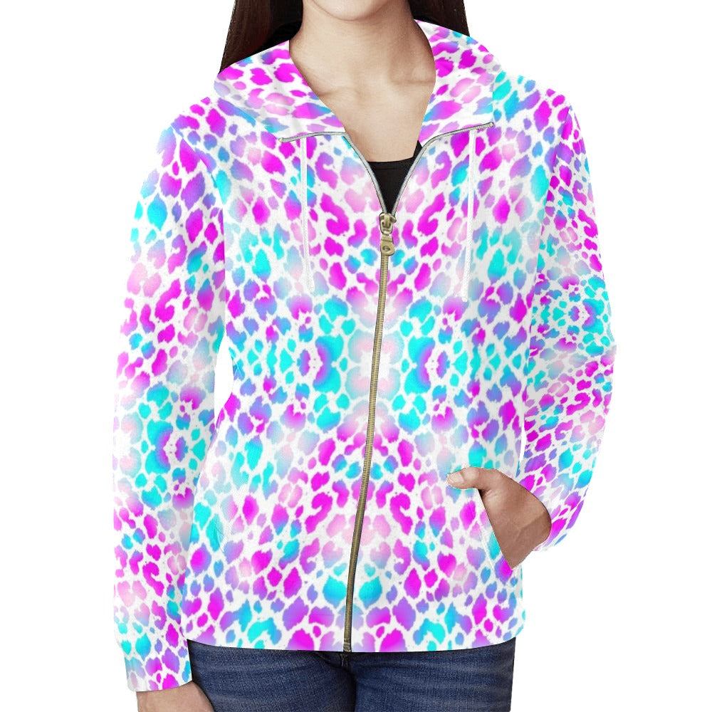 Pink Purple Aqua Spots Full Zip Hoodie up to 2 XL