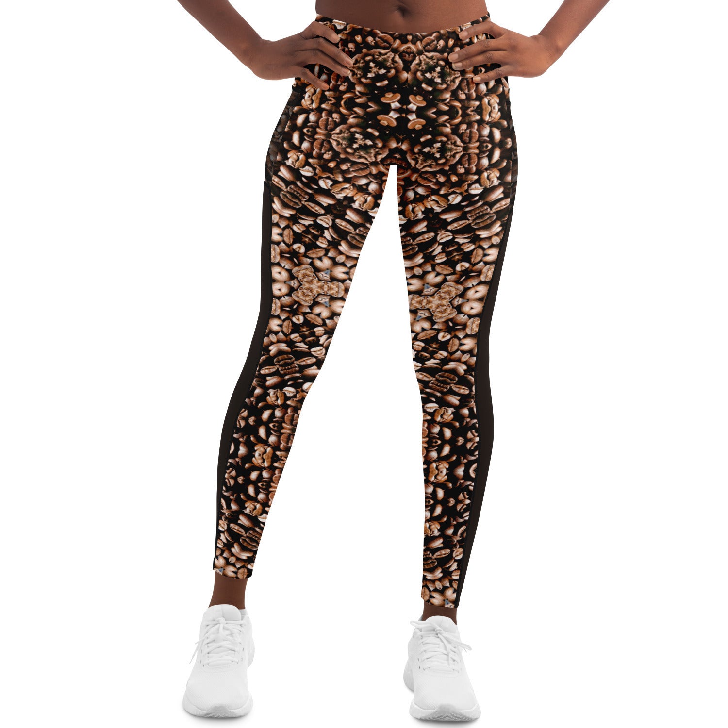 Coffee Beans K Mesh Panel Side Pockets Leggings (FWS)