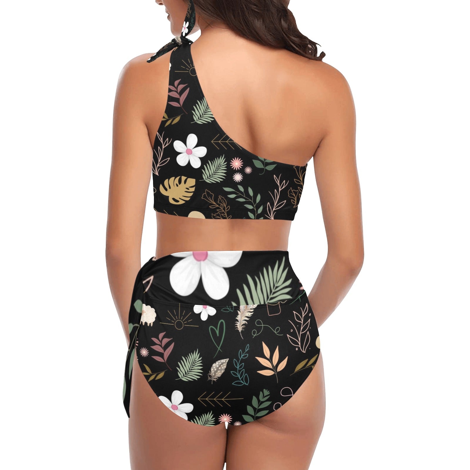 Boho Black High Waisted One Shoulder Bikini Set (FWS)