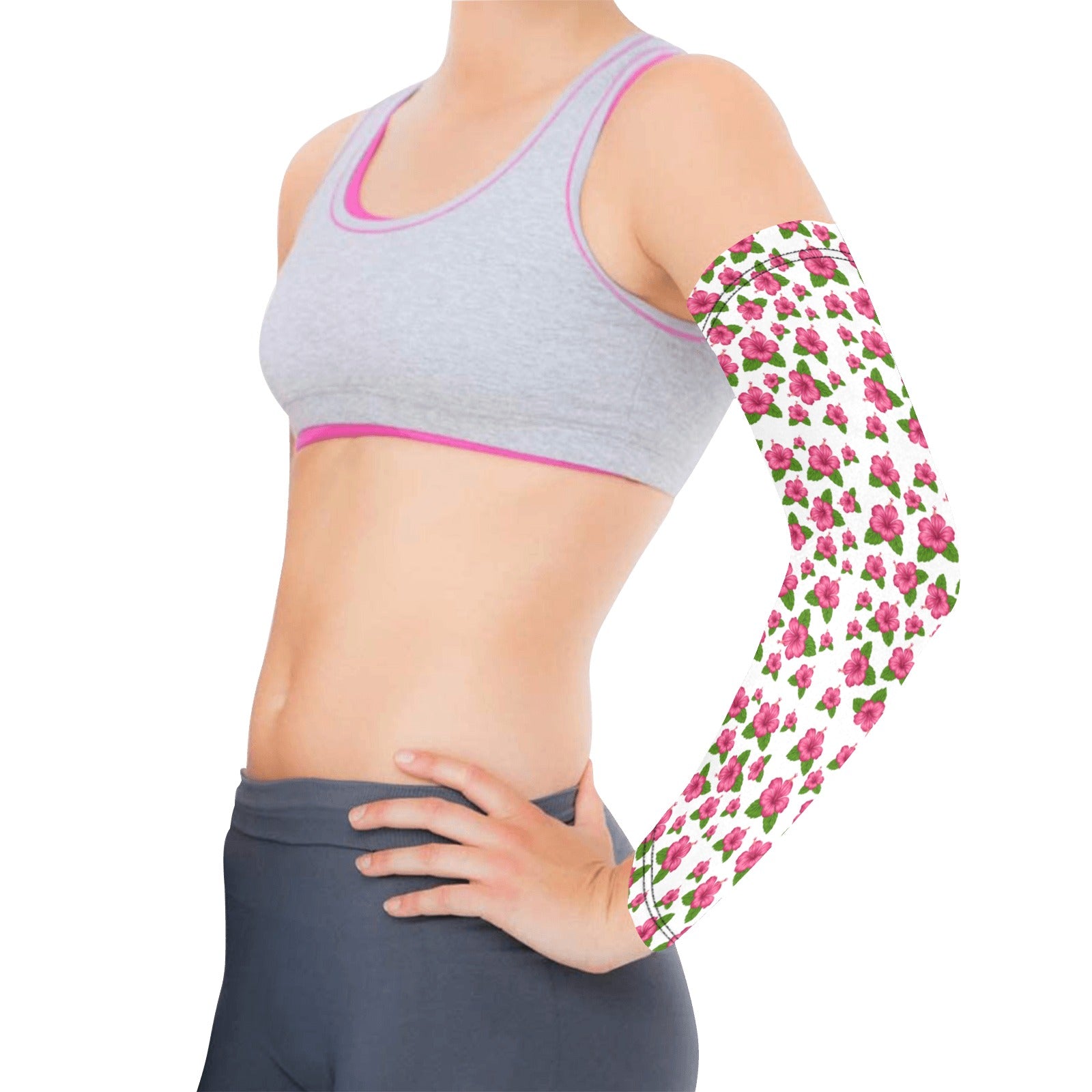 Graphic Pink Hibiscus White Weather Protection Arm Sleeves (FWS)