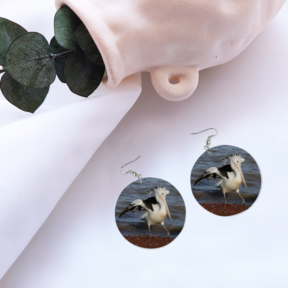 Pelican Round Wooden Earrings (FWS)