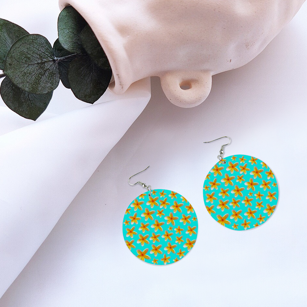 Yellow Frangipanis Aqua Round Wooden Earrings (FWS)