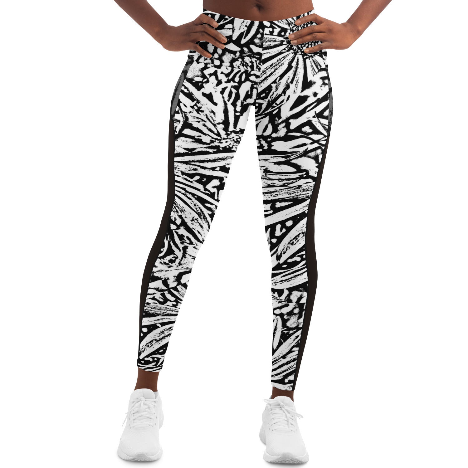 Black & White Daisies Mesh Panel Side Pockets Leggings (FWS)