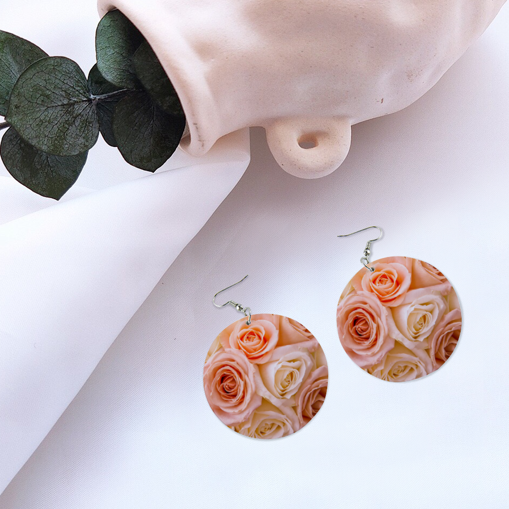 Pinky Roses Round Wooden Earrings (FWS)