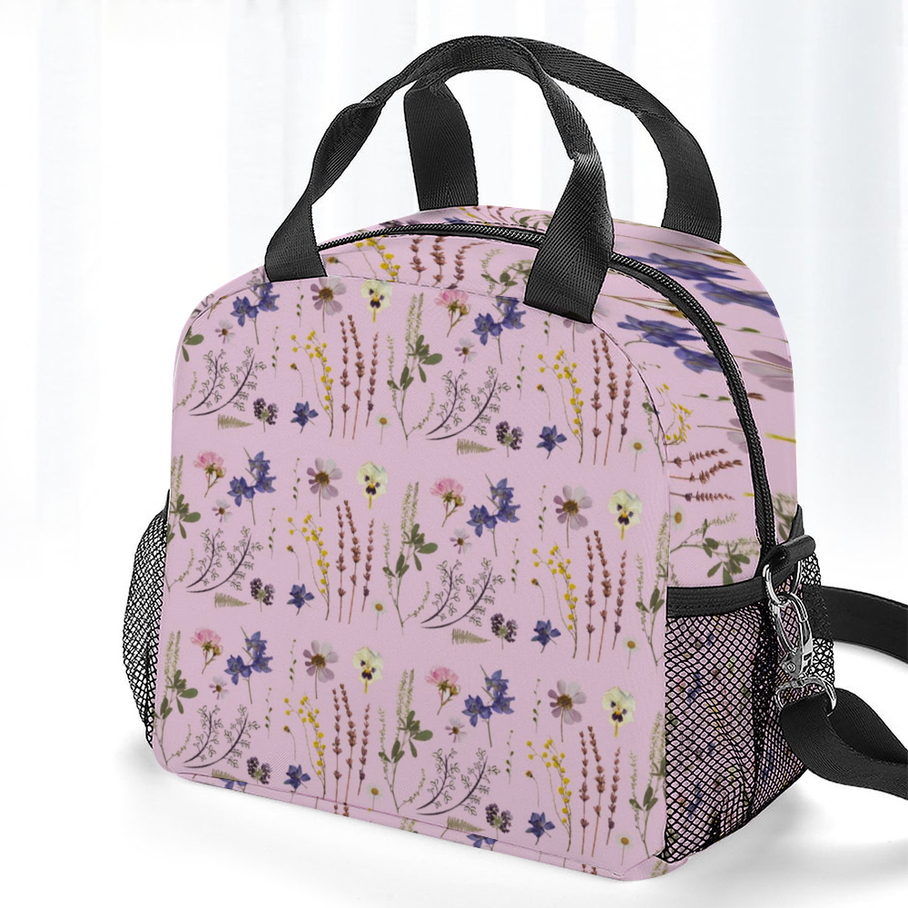 Wildflowers Pink Insulated Lunch Bag with Handles & Top Strap