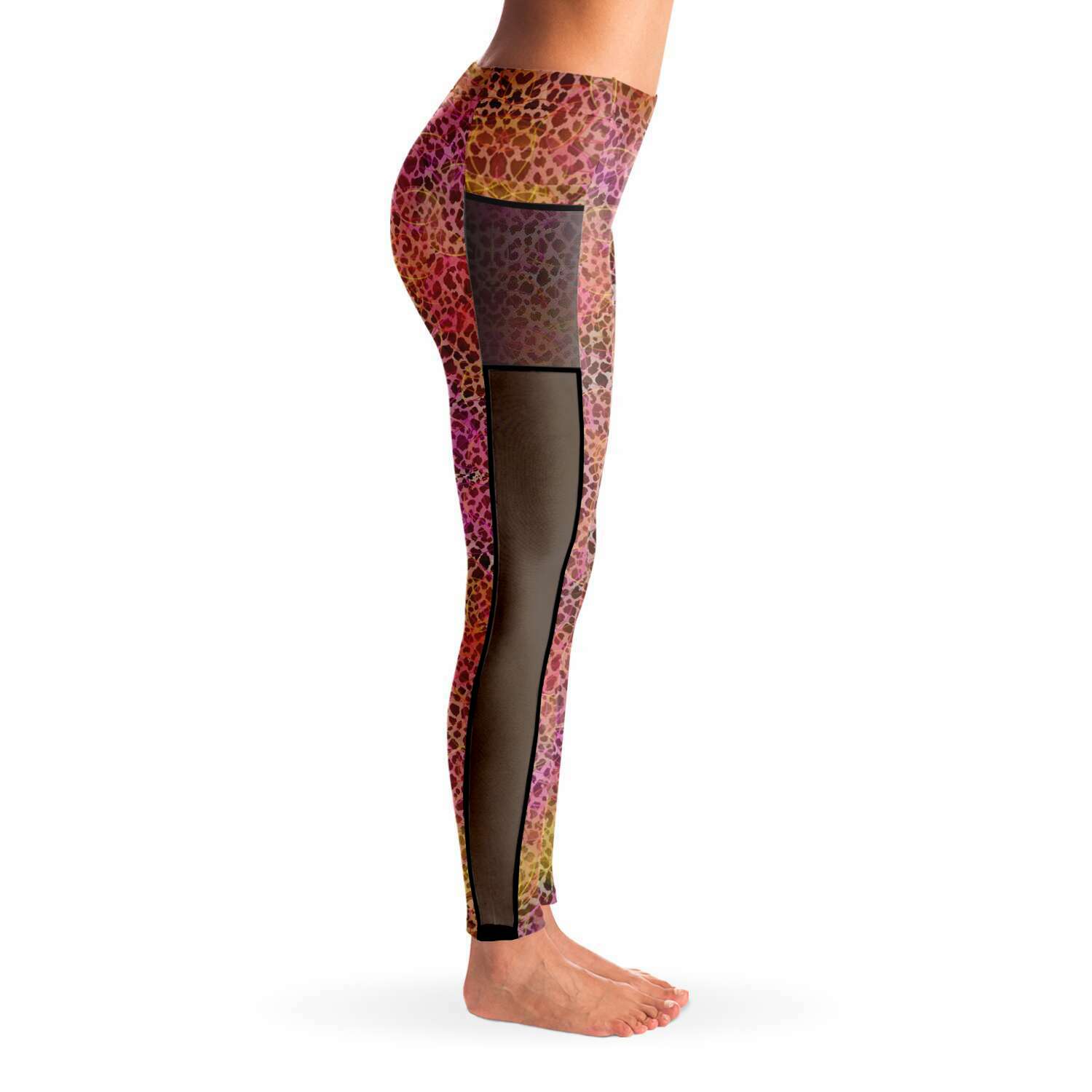 Leopard Circles Mesh Panel Side Pockets Leggings (FWS)