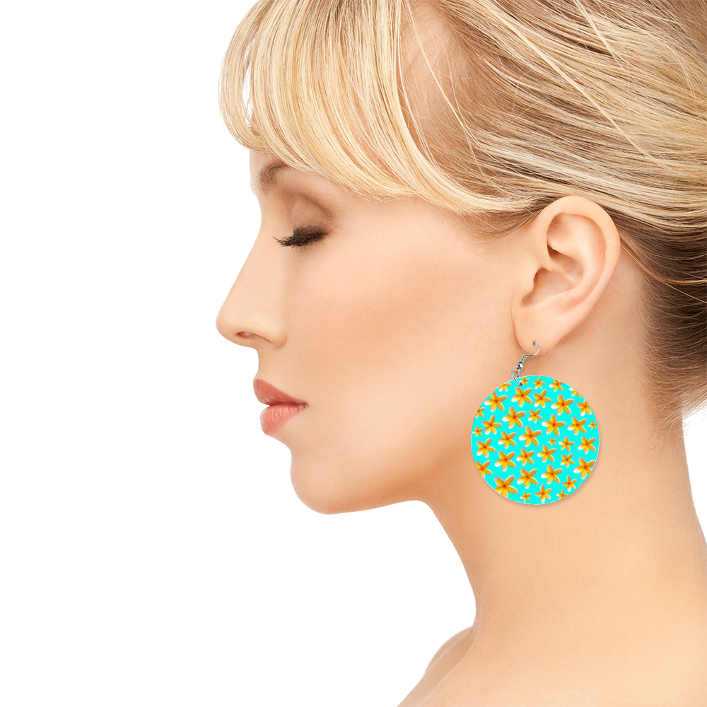 Yellow Frangipanis Aqua Round Wooden Earrings (FWS)