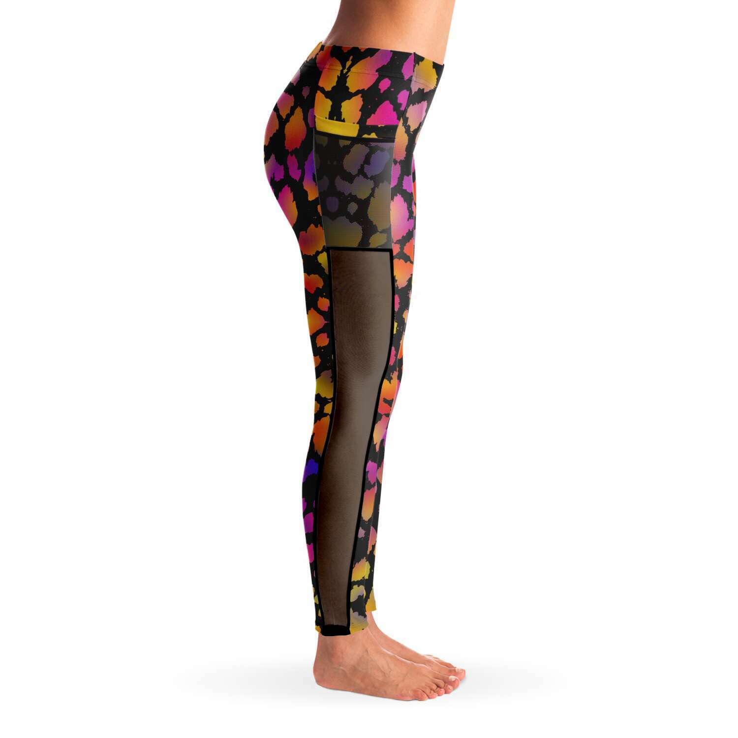 Black Pinky Leopard Mesh Panel Side Pockets Leggings (FWS)