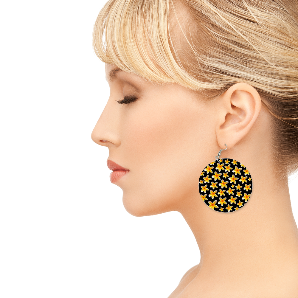 Yellow Frangipanis Black Round Wooden Earrings (FWS)