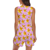 Yellow Frangipanis Pink Sleeveless Short Jumpsuit