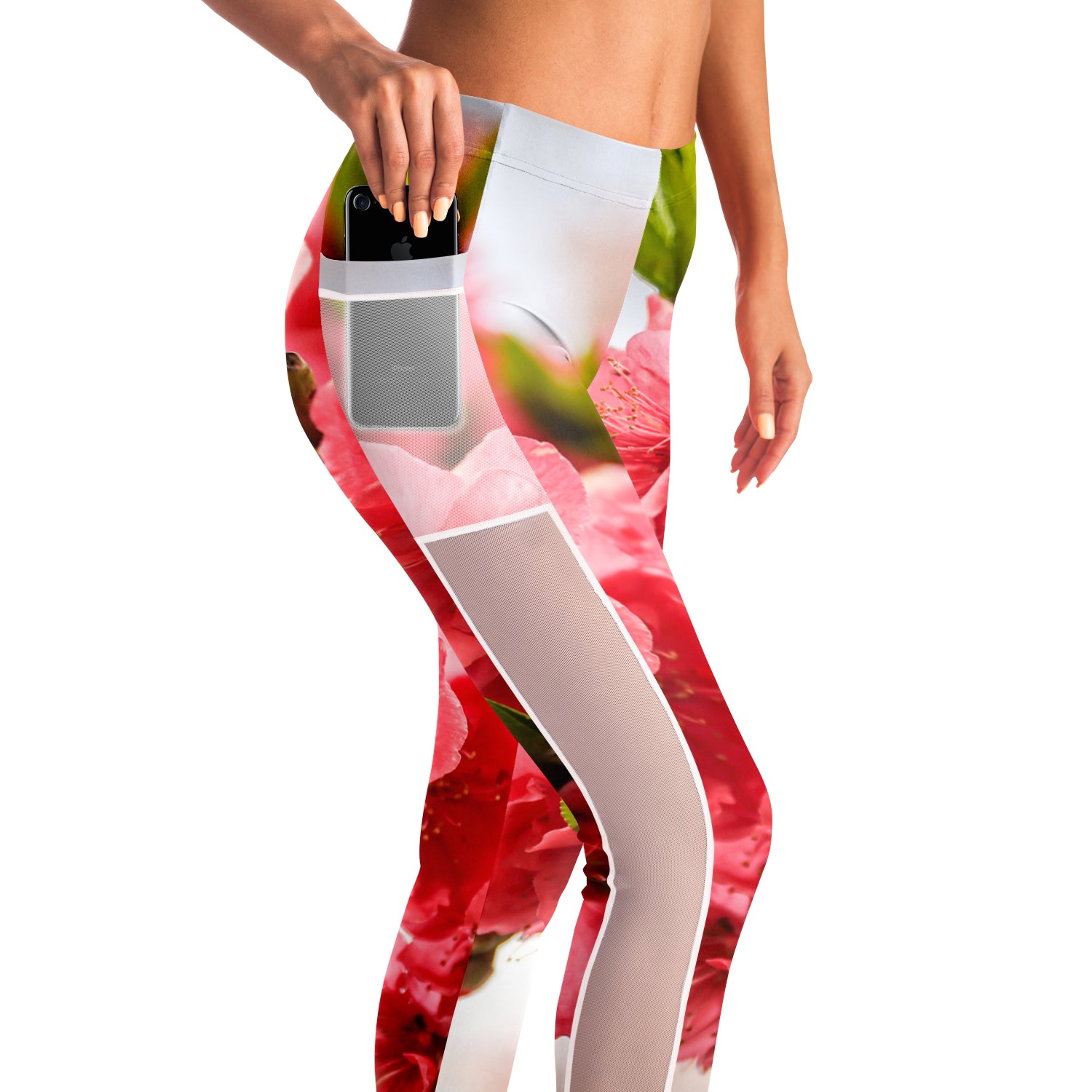 Pink Cherry Blossoms Mesh Panel Side Pockets Leggings (FWS)