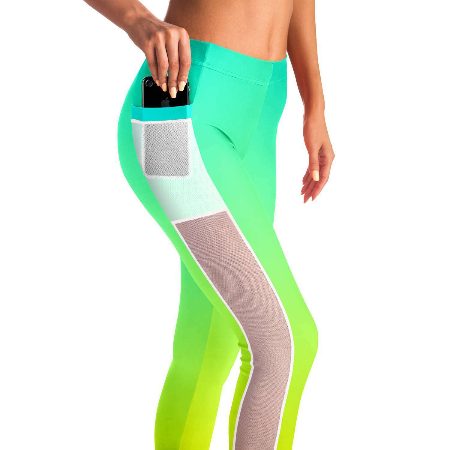 Ombre Aqua Yellow Mesh Panel Side Pockets Leggings (FWS)