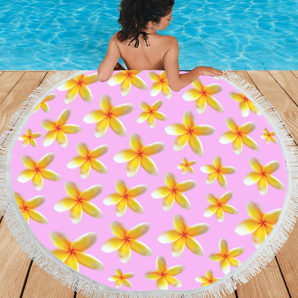 Yellow Frangipanis Pink Circular Beach Shawl / Blanket (FWS)